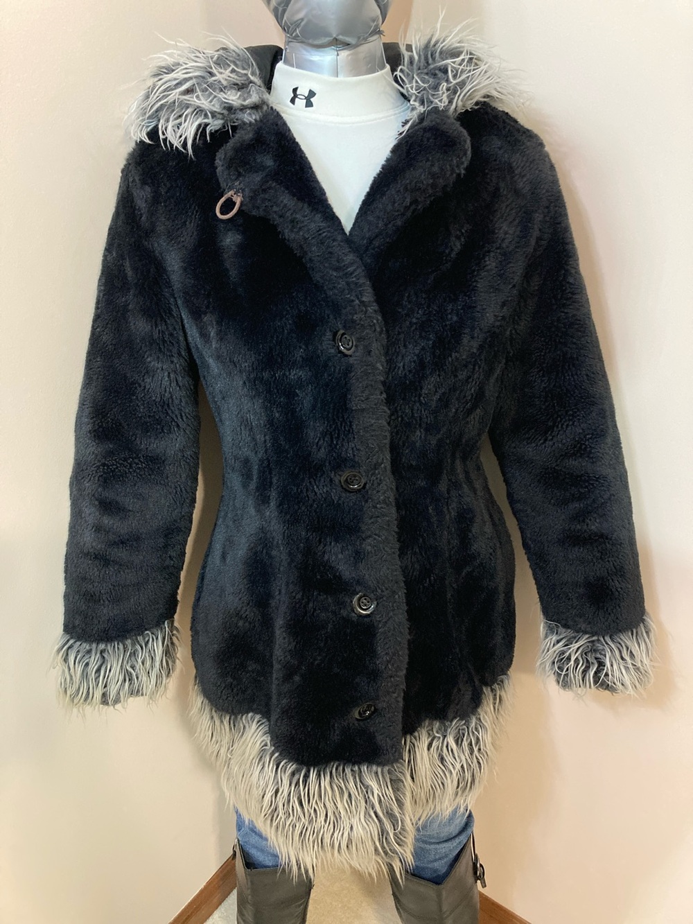 Le Chateau Black Faux Fur Hooded Coat with Gray Contrast Fur Trim